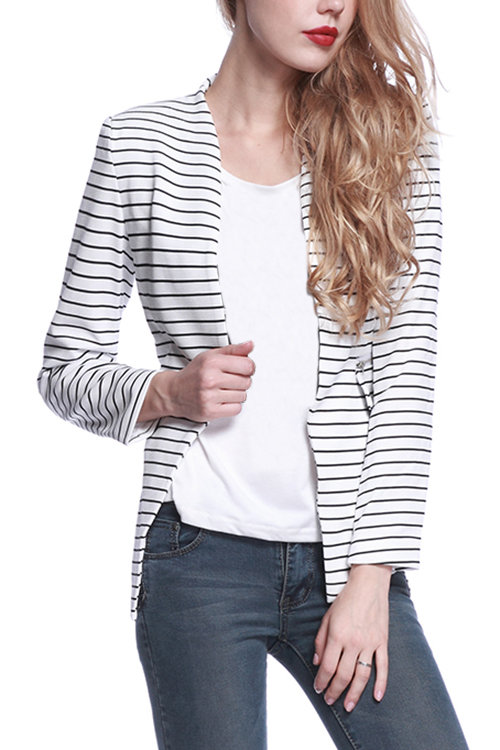Stripe Pattern Collarless Long Sleeves Open Front Blazer