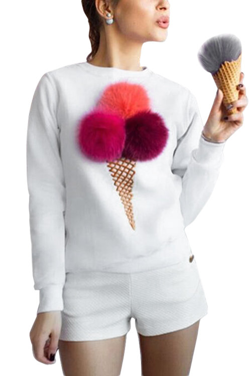 White Round Neck Sweatshirt with Pom Pom Details