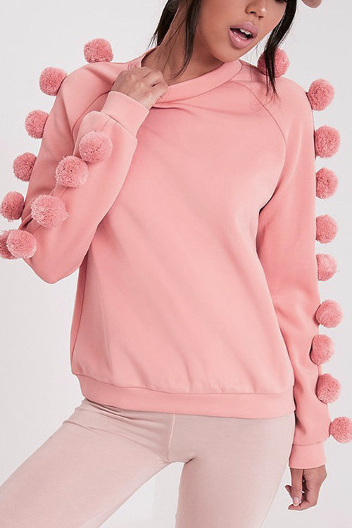 Pink Long Sleeves Fleece Lined Sweatshirt with Pom Pom Details