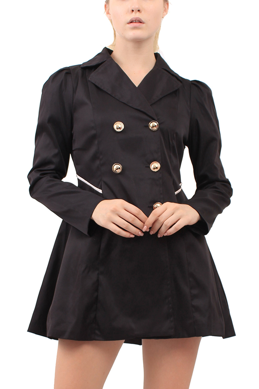 Black High Lapel Collar Coat with Button Embellished