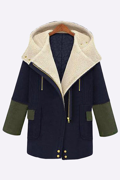 Blue Collage Hooded Zipper Thicken Casual Outerwear