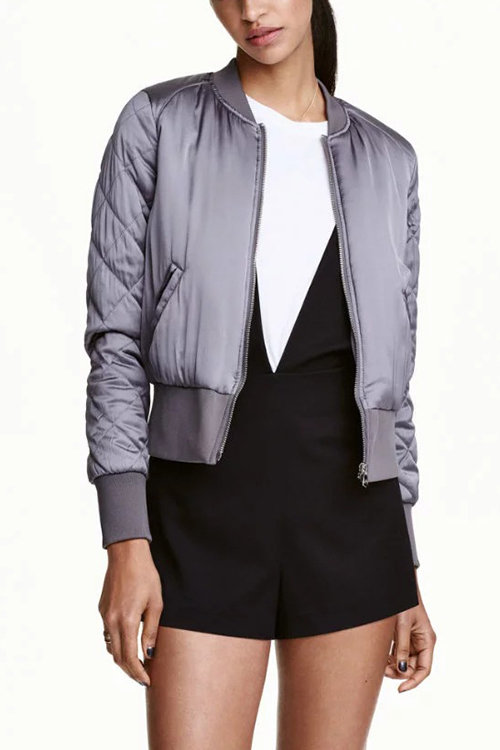 Grey Fashion Quilted Diamond Sleeves Zipper Jacket