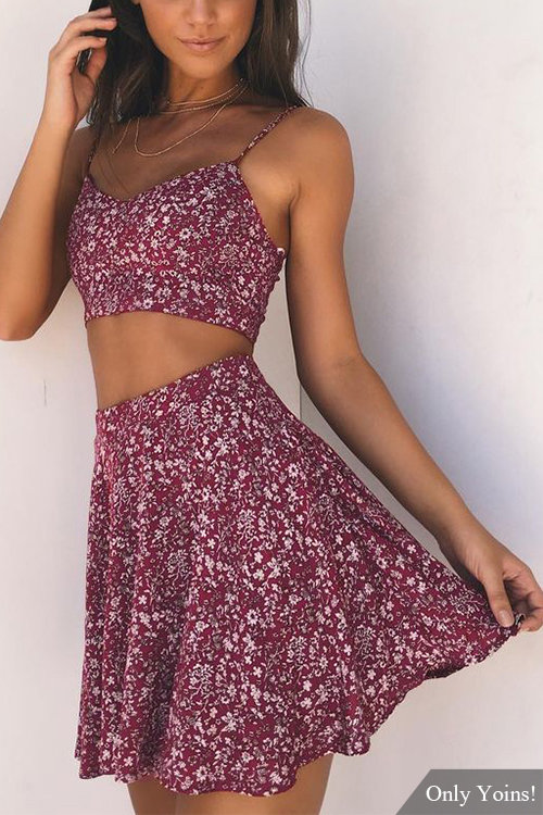 Red Random Floral Print Crop Top & Mini Skirt Two Piece Outfits