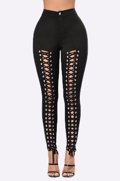 Black Sexy Lace-up Front Self-tie Bodycon Skinny