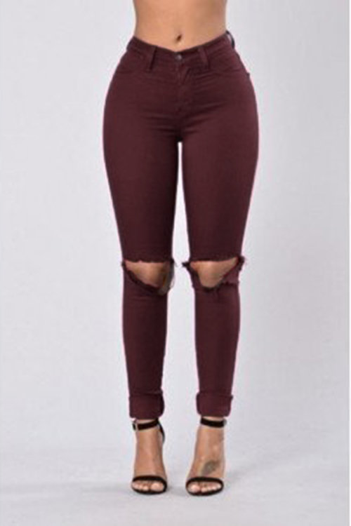 Burgundy Bodycon High Waist Pencil Trousers with Ripped Details