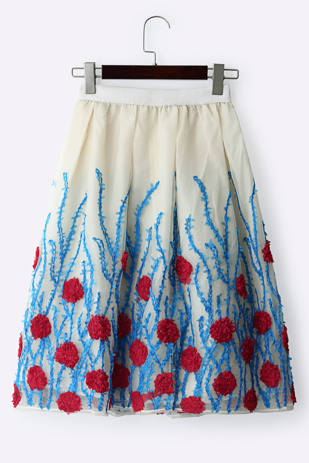 Sheer Red Random Embroidered Floral Midi Skirts