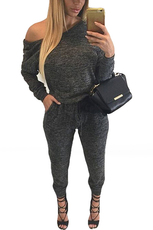 Dark Gray Drawstring Waist Casual Jumpsuit with Two Pockets