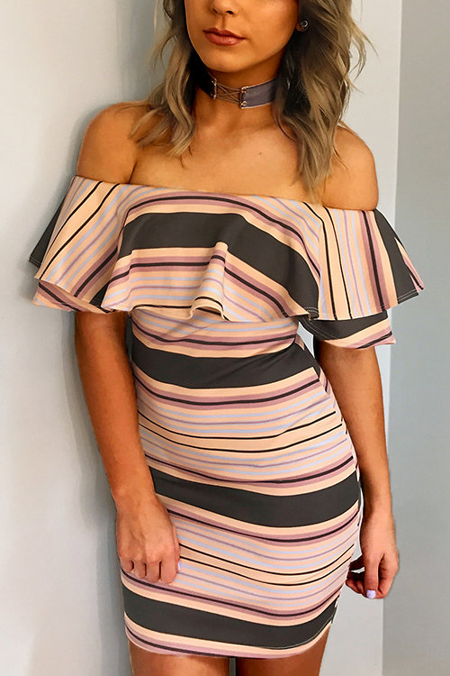 Stripe Off The Shoulder Bodycon Mini Dress with Flouncy Details